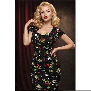 Grace Karin 1950s Wiggle Dress Cherry Print Pin Up Glam Rockabilly Black Size L